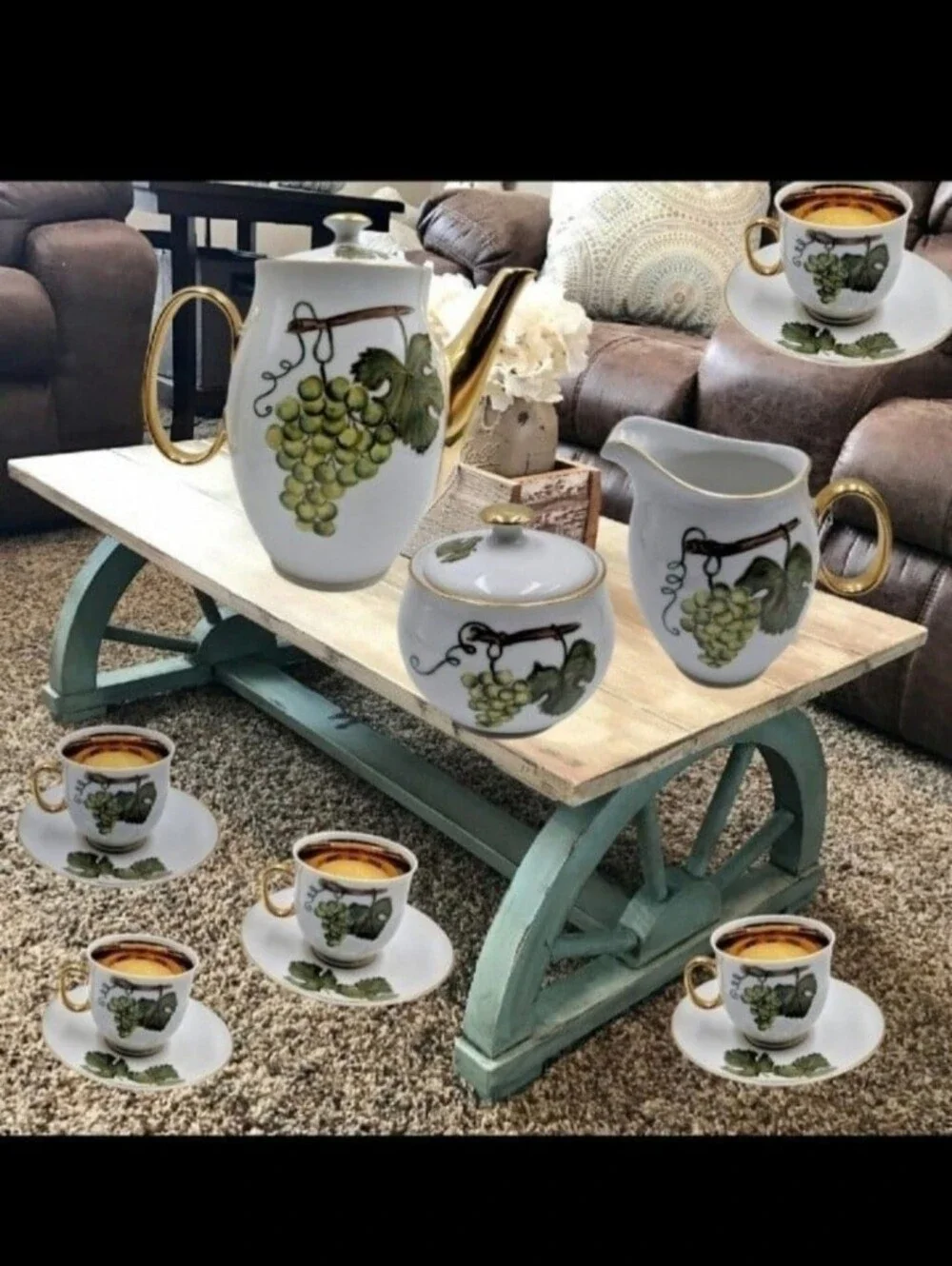 English Derby Hand Painted Grapes & Green Leaves Porcelain Tea Set by SH -13 pcs